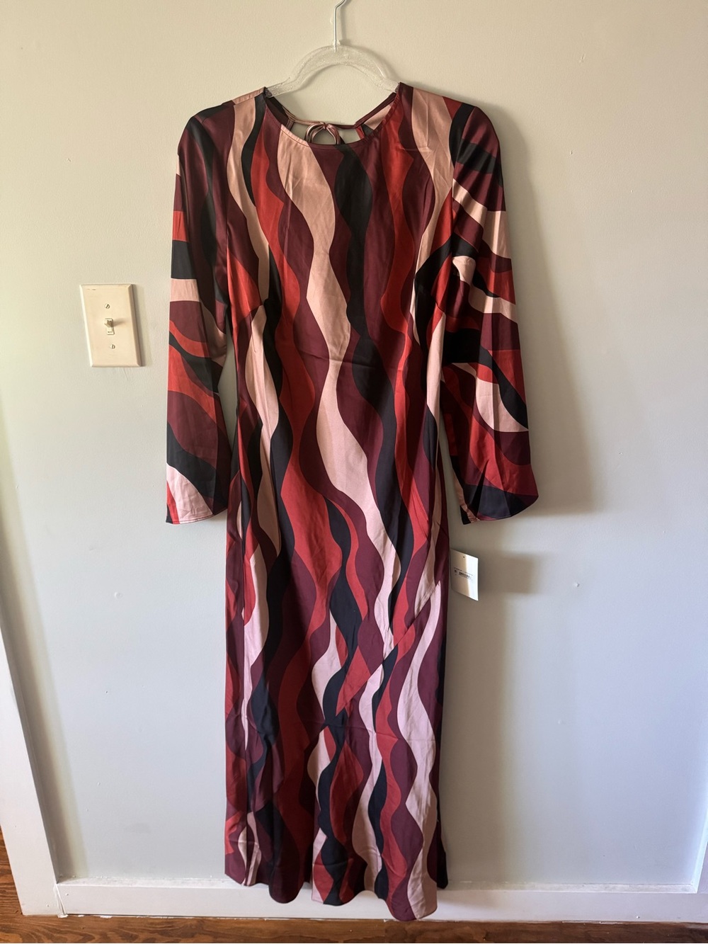 Donna Morgan Long Sleeve Maxi Dress in Red, Pink, Burgundy and Black